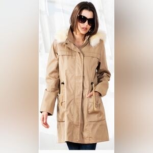 Wanna B Tan Utility Parka Coat Faux Fur Trim Hood NWOT Large